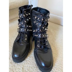NEW Zara Leather Jeweled Studded Moto Combat Boots